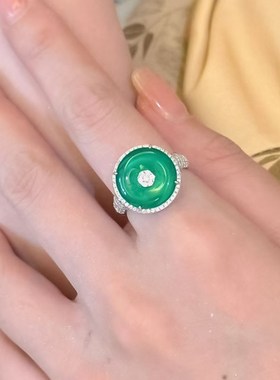 珠宝S925银戒指高碳钻新中式系列绿玉髓平S安扣戒指环时尚女