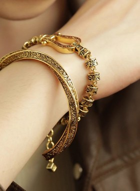 U 形唐草马蹄手链男复古做旧小众设计手K镯高级个性泰银手环气质