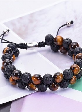 亚马逊热卖 天然虎眼石熔岩火山石双排手链 双P层珠子缠绕编织手