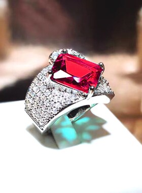 欧美轻奢设计感玫红钻豪华镶钻红刚玉戒指L女红宝石气质百搭开口