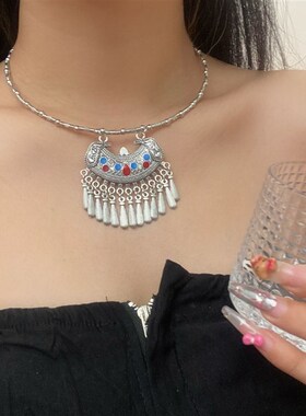 波西米亚复古民族风流苏镂空吊坠项链女苗疆古典异域项Z圈旅游配