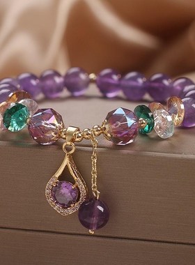 新款网红古d风天然紫水晶五叶花吊坠手链森系水滴手串七夕闺蜜礼