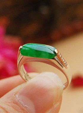 热销秀气简约满色绿马鞍镀S925银D镶嵌仿玉髓戒指复古小众时尚气