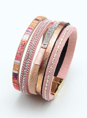 跨境新品b复古手饰多层编织手镯波西米亚民族风磁扣女士瑜伽手链