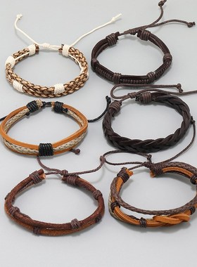 跨境电商货源复古编织牛皮套装手链欧美饰品LDIY真皮手链一件代发