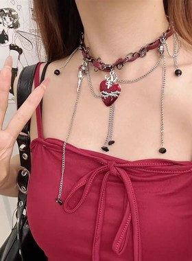 亚文化禁锢荆棘红色爱心流苏皮革项链D暗黑系气质甜酷choker颈链