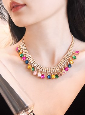 项链时尚女奢华彩色水钻t锁骨链欧美气质颈链多巴胺玻璃方块网红