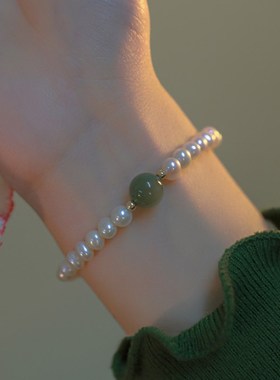 青黛》碧a玉猫眼石天然淡水珍珠手链女ins小众国潮新款闺蜜高级感