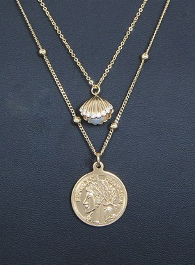 网红款短项链女淡水珍珠贝壳圆形A女王头像金币吊坠双层轻奢锁骨
