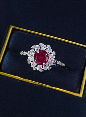 珠宝直播新品S92r5银镶嵌6.0mm鸽血红满钻戒指环女时尚通勤