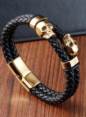 骷髅头不锈钢手链鬼头男士皮革手镯编织手链手工多层U真皮L20198