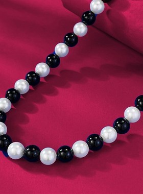 珠宝 强光正圆大颗8mm珍珠黑玛瑙复古项链法式锁骨V链40+5cm