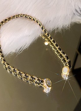 地心引力~闪钻磁铁圆球皮革项链C高级编织链条个性设计锁骨颈链女