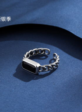 纯银黑宝石开口可调女戒