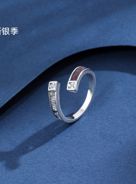 新银季s925纯银开口戒指女可调节方形锆石小众设计高级感指环百搭