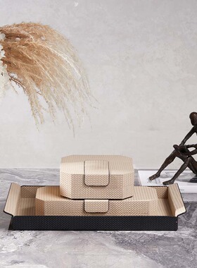 轻奢透明玻璃花瓶皮质首饰盒托盘摆件组合酒店客厅样板间软装搭配