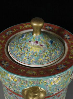 清乾隆款绿地填彩描金三象盖罐仿古董瓷器旧货老物件民间收藏摆件