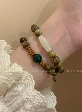 复古绿色香檀木串j珠手链女夏季2022年新款新中式情侣可调节手饰