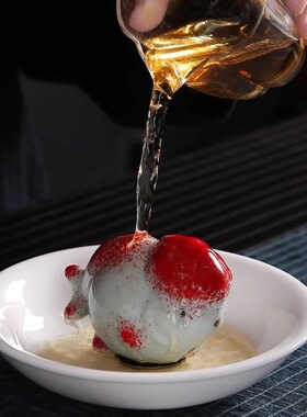 汝窑茶宠摆件财源滚滚鸿运当头金鱼旋转精品萌鱼桌面创意可养茶玩