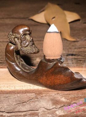 纯铜手工仿古实心紫铜茶宠小物件 达摩老祖倒流香 茶道小摆件