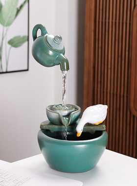 创意小型可爱招财流水生财摆件陶瓷水循环加湿器玄关乔迁开业礼品
