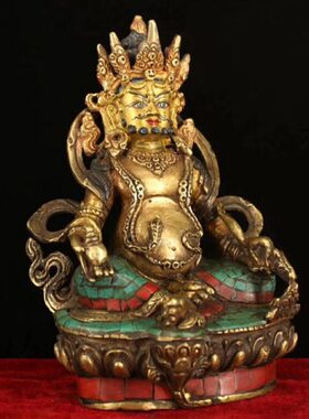 尼泊尔工艺纯黄铜手工镶嵌宝石彩绘描金黄财神摆件藏财神招财神像