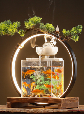简约小型鱼缸流水生财摆件水晶z球时来运转招财办公室桌面乔迁礼