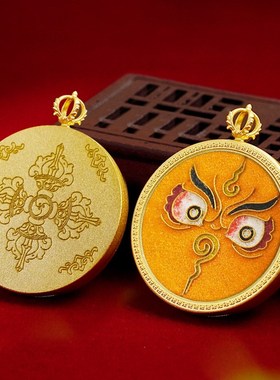 掐丝唐卡圆形3.5黄铜唐卡吊坠项链手工狐仙大黑天黑财神五条
