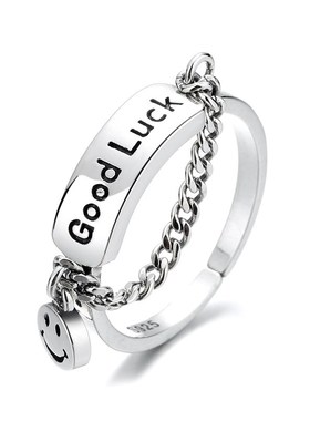 笑脸好运戒指s925银韩版小清新复古风链条流苏指环女韩国饰品