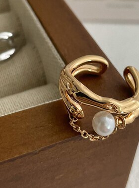 S925纯银不规则链条戒指小红书博主双层珍珠指环小众百搭高级感女