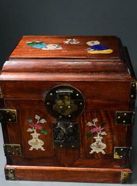 古玩花梨木镶嵌螺钿小官皮箱盒嫁妆箱多层饰品盒家具摆件