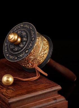 西藏手摇转金轮双层转金筒纯铜檀木手摇转动轮双轴承超静音摆件