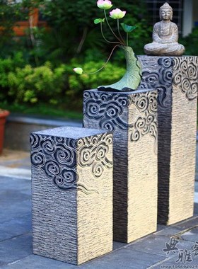 中式古典会所陈设仿复古摆件仿石雕意境美学茶空间造景祥云装饰柱