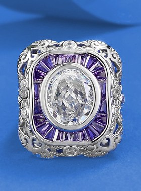 珠宝新款S925银高碳钻白G色戒指9*11mm椭圆冰Y花切欧美跨境