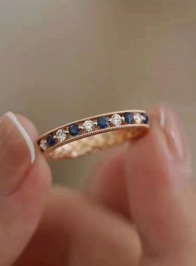 仿莫桑比克石榴石k戒指镀玫瑰金间隔闪钻指环女简约复古轻奢网红