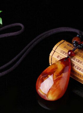 琥珀老蜜蜡吊坠女款毛衣链长款秋冬水滴项链男士鸡油黄无事牌挂坠