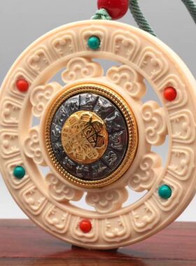 长毛象猛犸象牙雕刻八宝转运轮文玩吊坠项链车挂件招财男女士