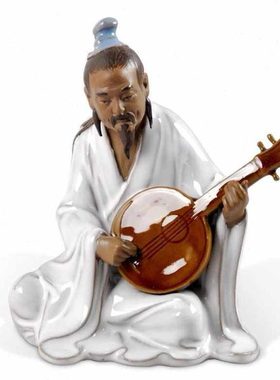 石湾陶瓷公仔抚琴而歌人物盆景摆件文人假山盆景博古架酒柜装饰