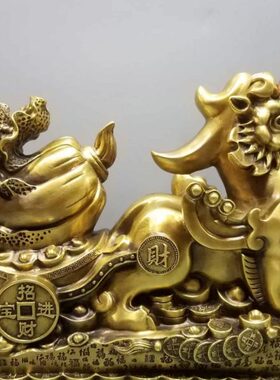 铜制全铜大号纯铜神兽送财黄铜百财貔貅拉白菜客厅招财摆件高35cm
