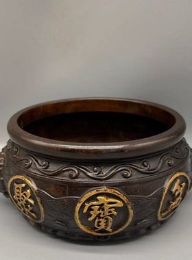 复古包浆纯铜鎏金双耳兽耳聚宝盆铜器工艺品家居办公室吧台装饰品