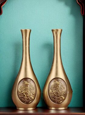 纯铜仿古喜上眉梢喜鹊干花瓶一对小鸟花瓶家居玄关办公室装饰摆件