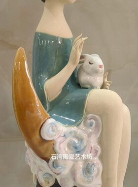 中式陶瓷玉兔仕女手工艺摆件桌面门厅博古架创意装饰石湾公仔兔子