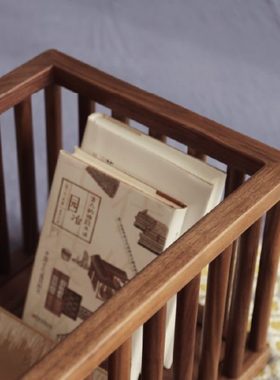 黑胡桃木收纳筐杂物框实木储物盒禅意新中式桌面置物篮