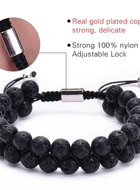 亚马逊热卖 天然虎眼石r熔岩火山石双排手链 双层珠子缠绕编织手