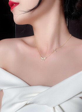 猫眼石蝴蝶项链女小众设计高级感钛钢锁骨链冷淡风简W约气质颈链