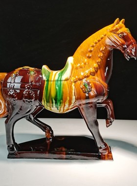 唐三彩抬蹄战马半米马赤兔马陶瓷工艺品大摆件五色马办公室装饰品