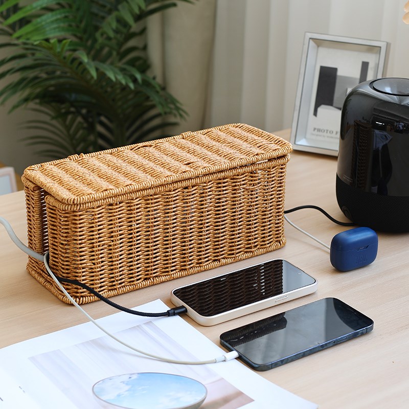 仿藤编织电线收纳盒插排插座桌面电源数据线充电器遮挡集线整理盒 - 图0