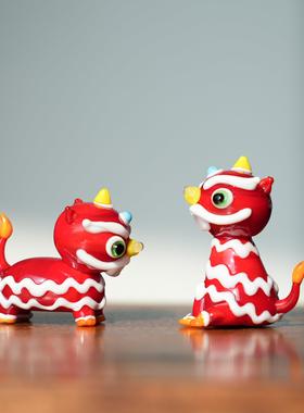淄博琉璃非遗国潮醒狮车载桌面摆件新中式寓意招财吉祥装饰品礼物