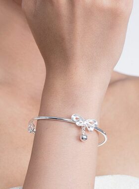 clect珂里蝴蝶结银手镯女纯银年轻款999足银镯子实心银饰生日礼物