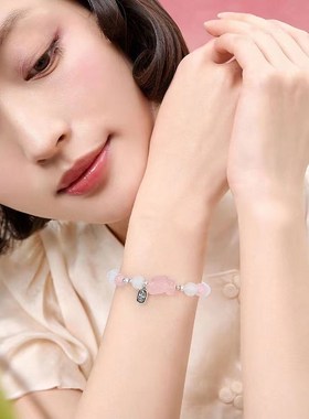 天然粉晶貔貅水晶串o珠手链白玛瑙招财手串轻奢高级感闺蜜手链礼